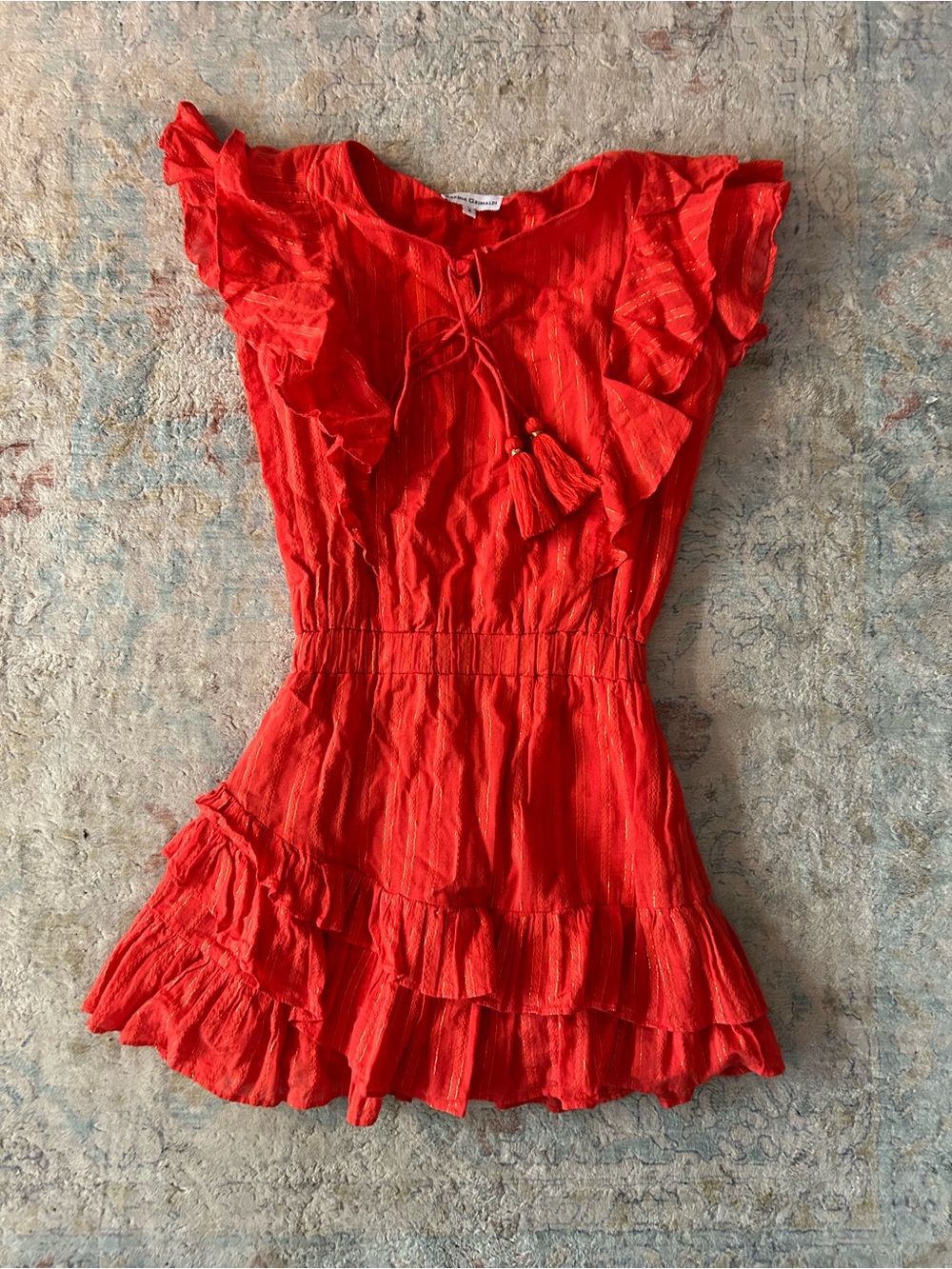 Karina Grimaldi Orange Ruffled Short Dress with Tassel Tie